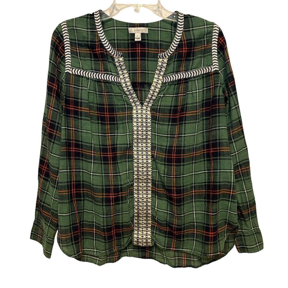 J.Crew Top Womens 10 Plaid Green Geometric Trim Western Aztec Boho Fall V-Neck